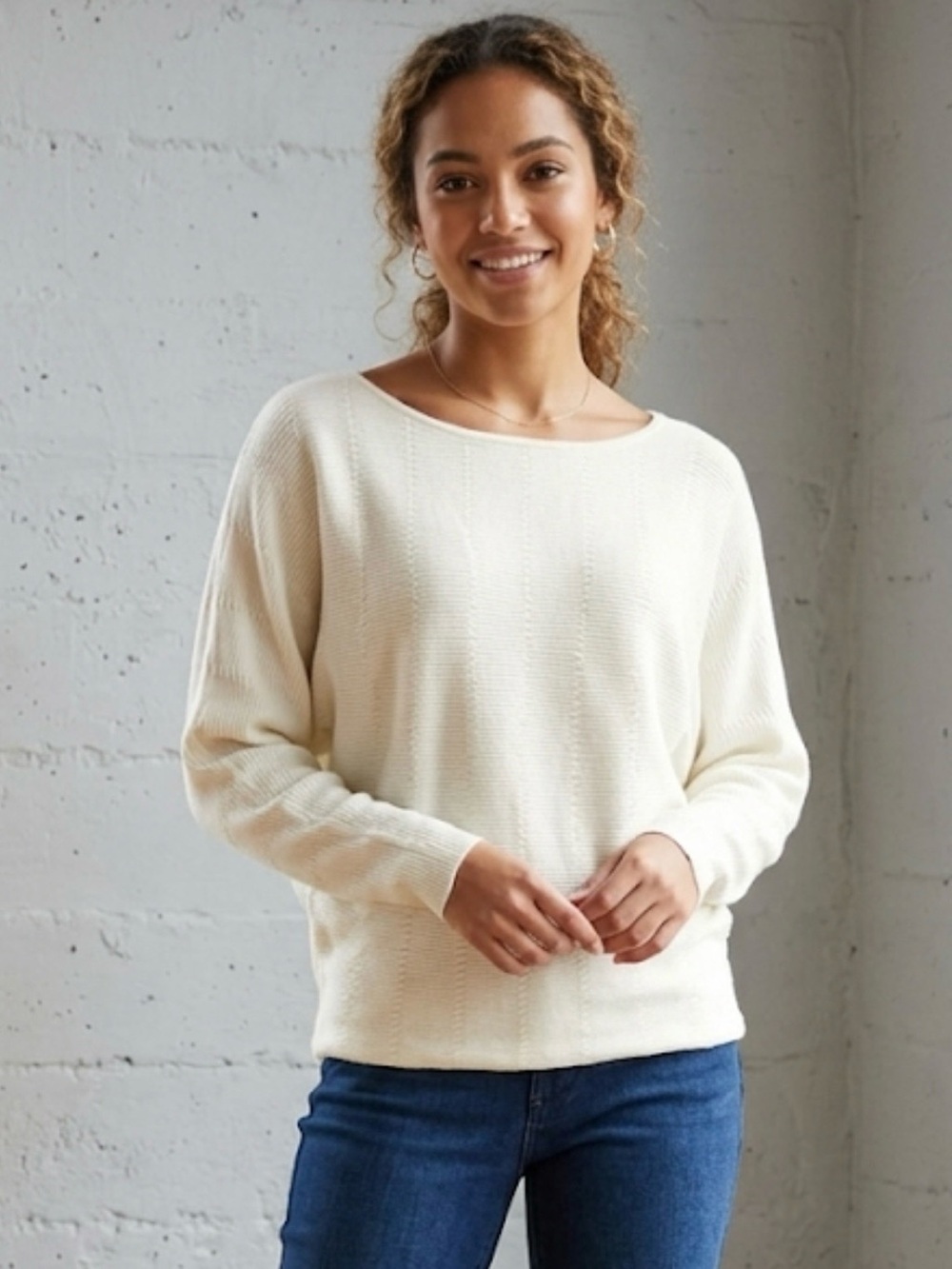 Cyrus Cream Scoop-Neck Lightweight Knit Sweater